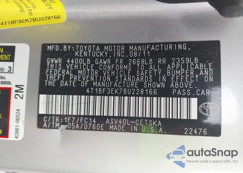 2011 Toyota Camry Se из США, поврежденный, VIN 4T1BF3EK7BU228166